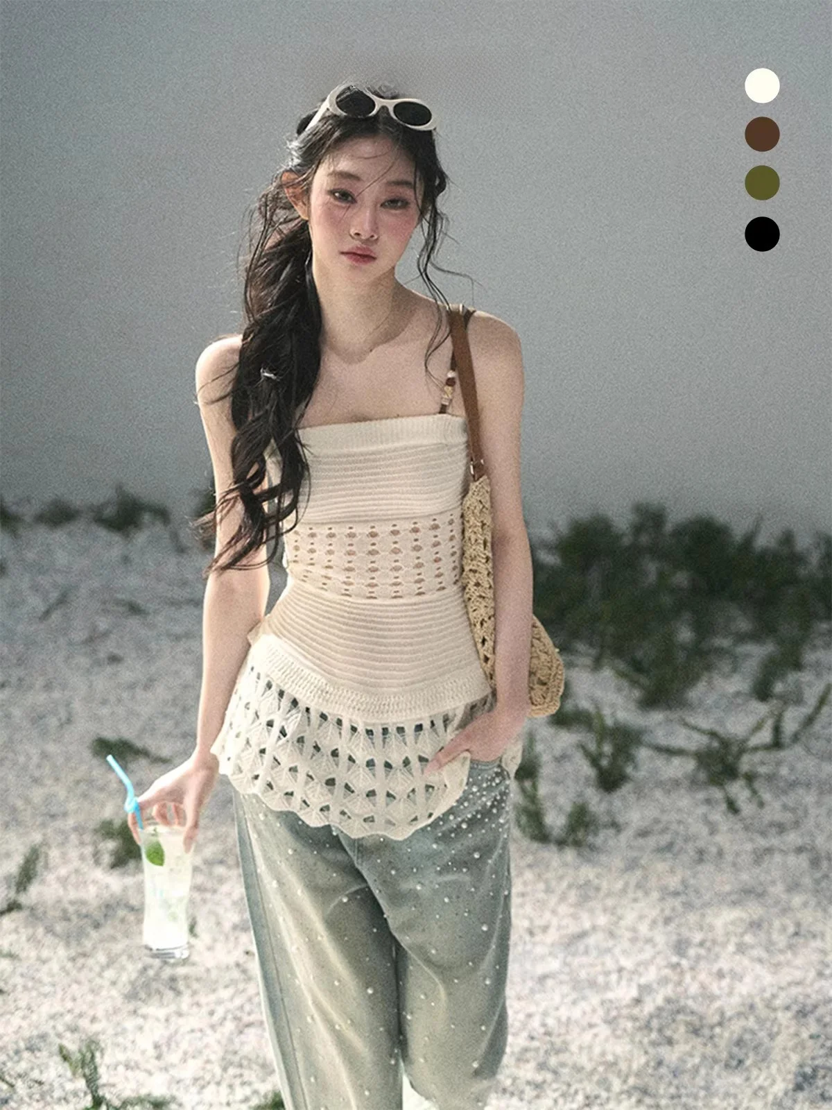 

Женская вязаная футболка AOMALM с вырезами и бретелями, топ в стиле Pure Desire, французский стиль, приталенный крой, летний сезон, без рукавов, из чистого акрила