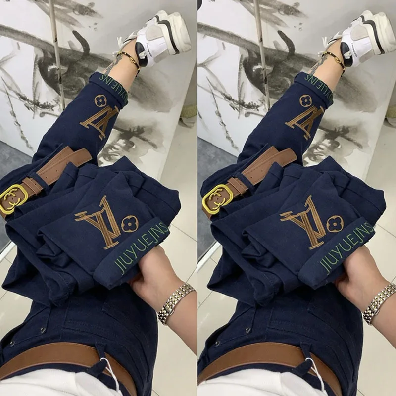 

Spring Autumn High Waist Straight Jeans Loose Letter embroidery Fit Stretch Haren Denim Pants Ladies Jeans Pants 2024