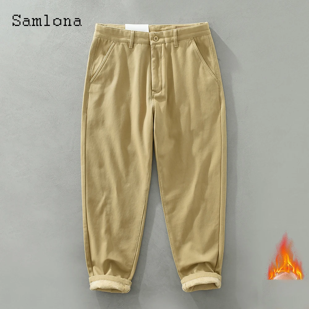 

Samlona 2023 Men Casual Straight Plush Pants Winter Warm Trousers Plus Size Mens Fashion Leisure Solid Khaki Black Sweatpants