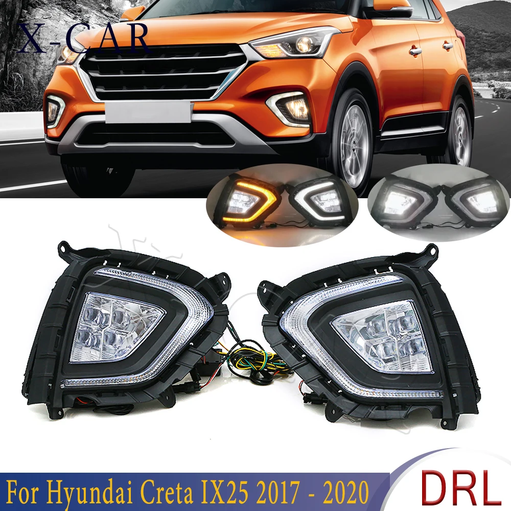 

X-CAR 1Pair DRL For Hyundai Creta IX25 2017 2018 2019 2020 LED Daytime Running Light Fog Lamp Cover with Yellow Turning Signal