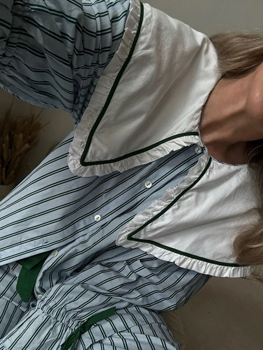 Marthaqiqi ملابس نوم فضفاضة للسيدات مكونة من قطعتين بيجامة بياقة مقلوبة وأكمام طويلة طقم ملابس نوم مخططة للسيدات #3