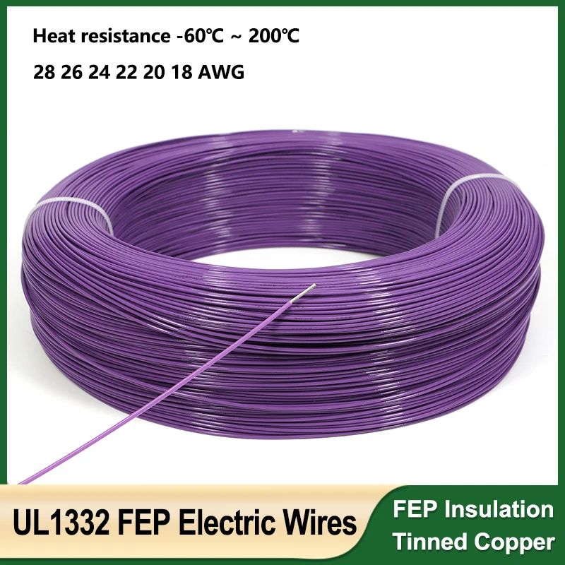 

1m ~ 100m Purple UL1332 PTFE Electric Wire 28 26 24 22 20 18AWG Heat-resistant FEP Insulation Tinned Copper Cable for 3D Printer