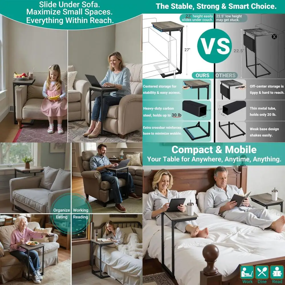 

Compact C-Shaped Side Table with Storage, Under-Couch Slide, 27 High for Sofas, TV Dining Tray, Space-Saving for Living & Bedroo