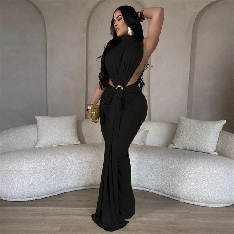 Elegant Celebrity Mermaid Maxi Dress Women Birthday Night Party Evening Prom Metal Ring Cutout Ruched Ribbon Formal Long Dresses