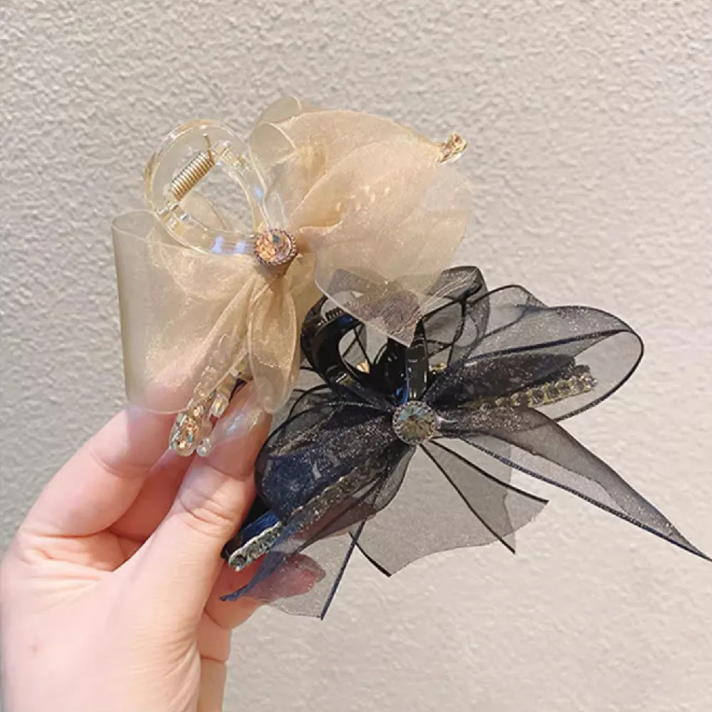 Mesh bow grab clip feminine simple temperament back head hairpin headgear shark clip
