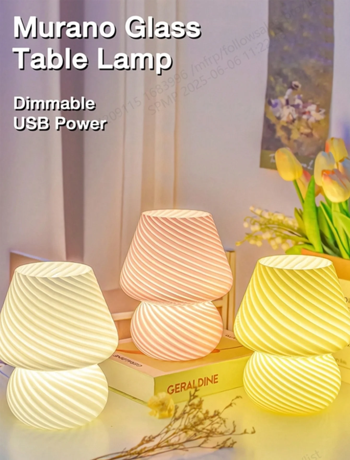 Spiral Ribbed Glass Mushroom Table Lamp USB Powered Multi‑Color Desktop Night Lamp Portable Place Freely for Bedroom Home Decor