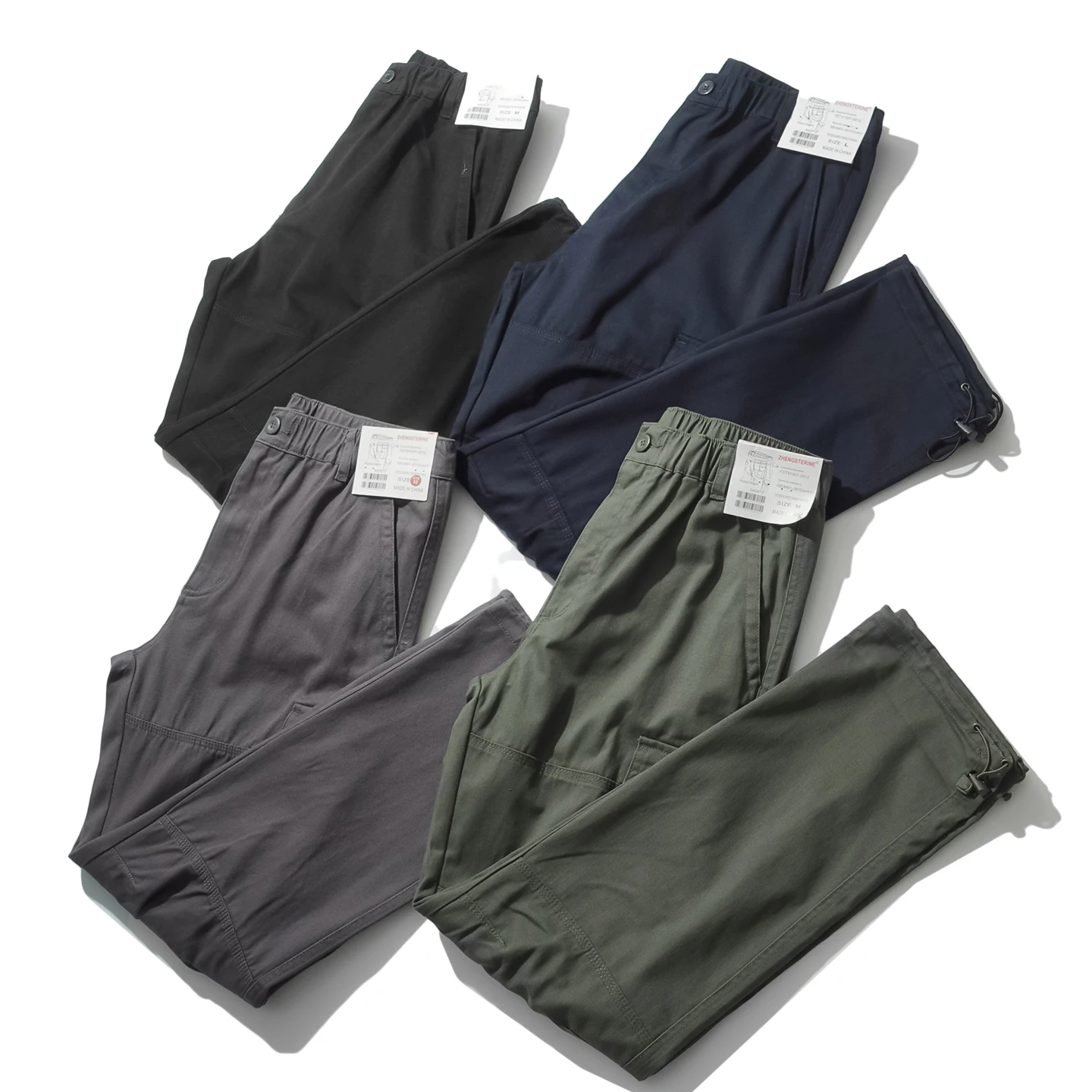 Heavyweight Washed Cotton American Style Men's Casual Pants Elastic Waist Multi-Pocket Straight Leg Simple Leisure Workwear L...