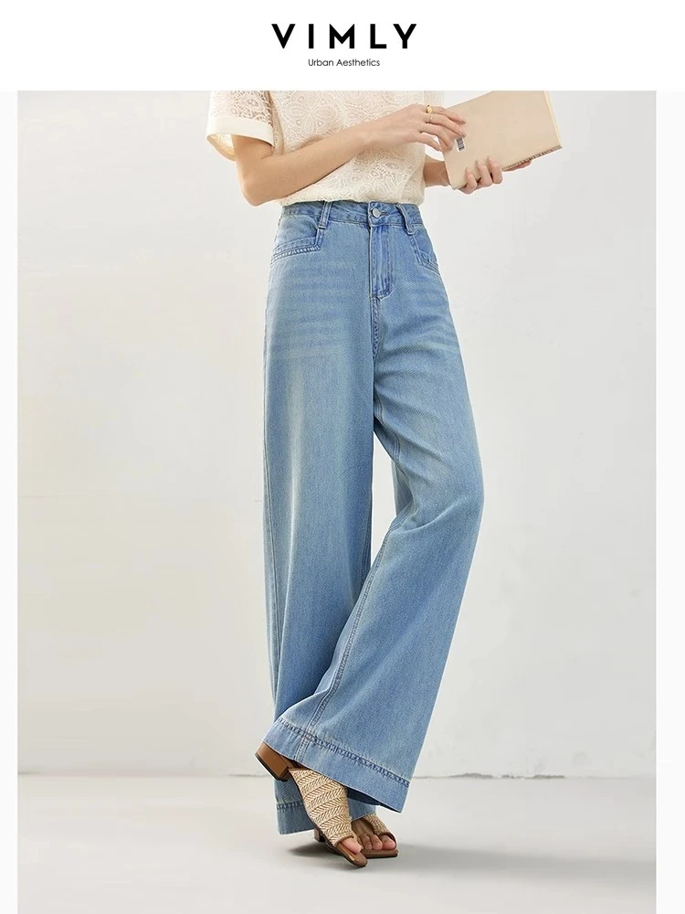 

VIMLY Women‘s Jeans 2025 Summer Casual Long Denim Ladies Pants Light Blue Straight Pants Wide Leg Button Jeans Femmes 30276