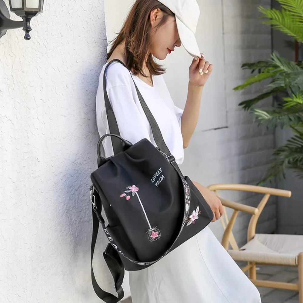 

Waterproof Embroidery Backpack Large Capacity with Shoulder Strap Student School Bag Zippered Anti-theft Travel Knapsack