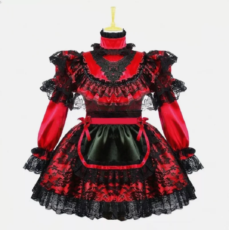 

Maid Girl Sissy Lockable Red satin long sleeve Dress cosplay costume Tailor-made