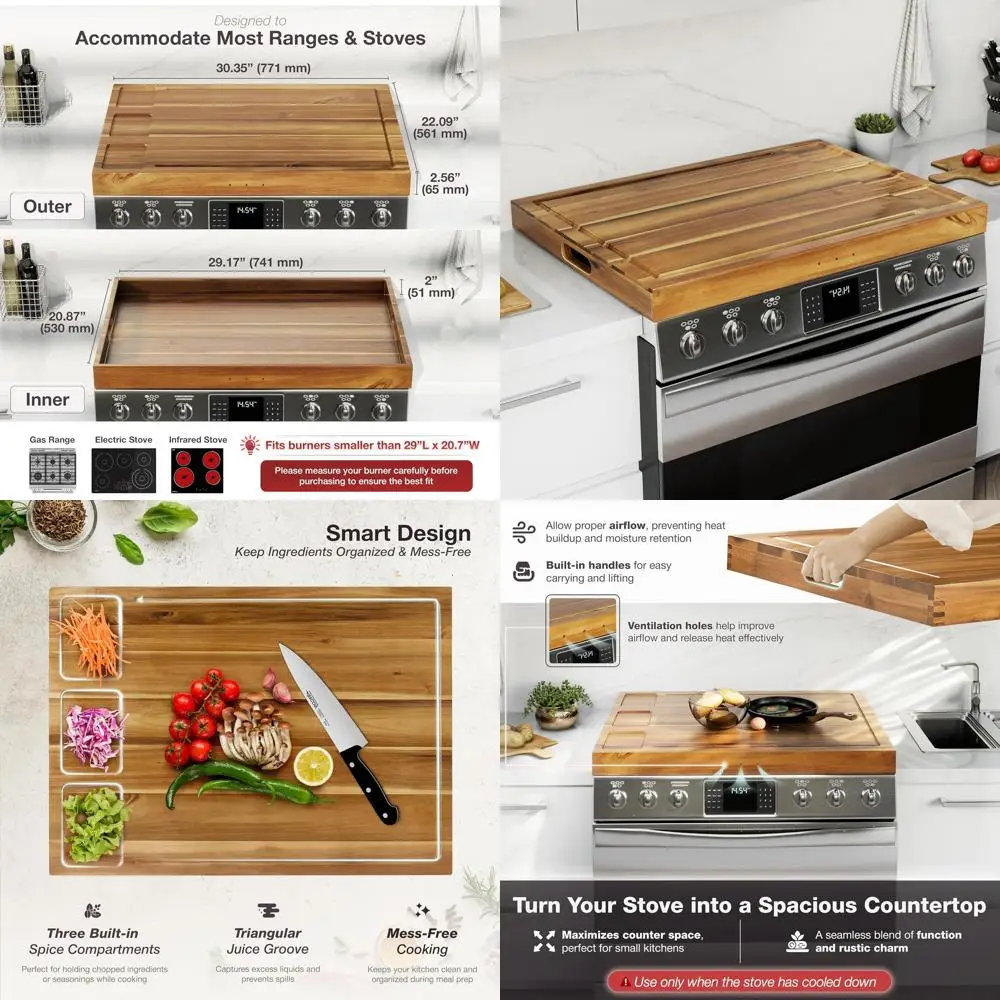 

3-in-1 Acacia Wood Stove Cover with Handles for Gas, Electric, and RV Stoves, Kitchen Counter Tray