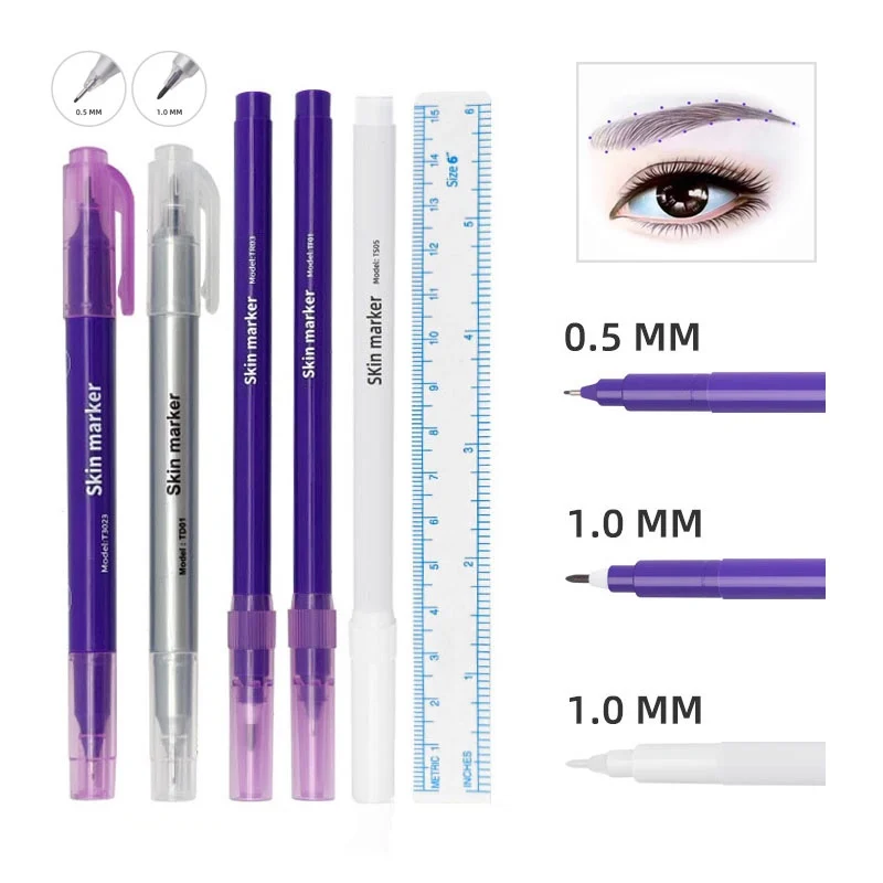 Permanent Makeup Sterile Skin Marker Pen With Measuring Ruler Waterproof Microblading Tattoo Eyebrow Lip Positioning Tool Set