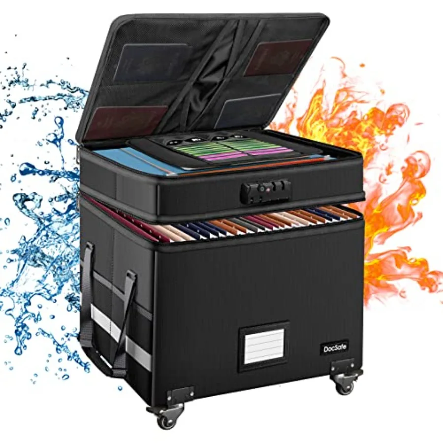 

Fireproof Document Box with Lock2-Layer File Box with Wheels Collapsible File Storage Organizer with Pockets Large Portable Hom