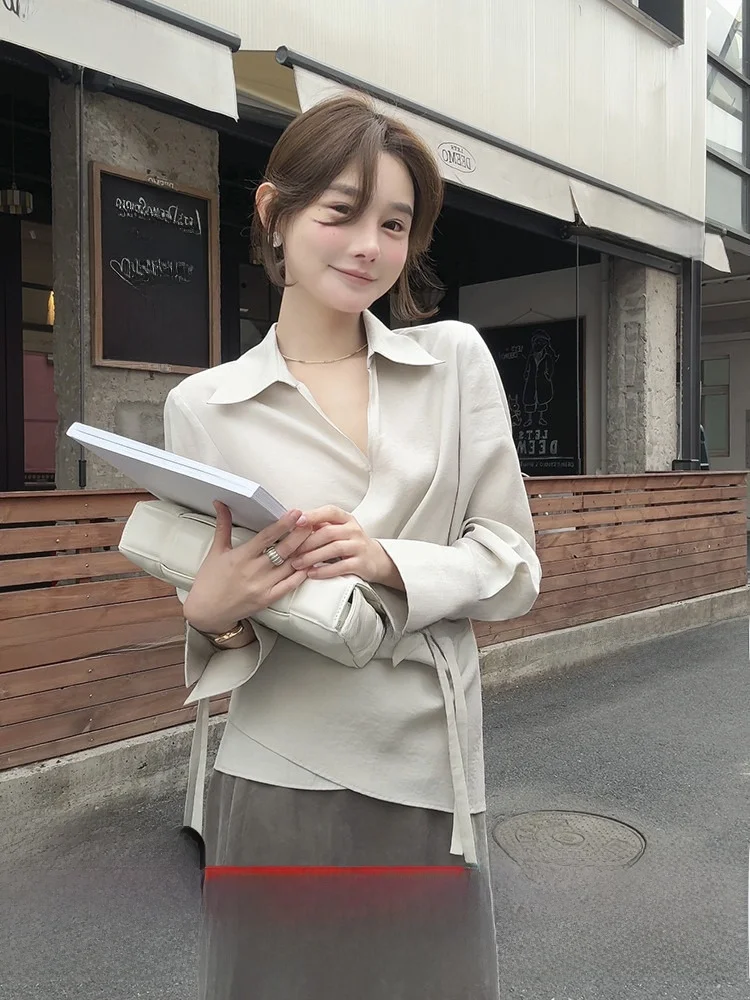 

French Style Slim Fit Shirt Satin Lapel Long Sleeve Breathable Women's Spring Fashion Waist Cinching Slimming Cuff Tie Top