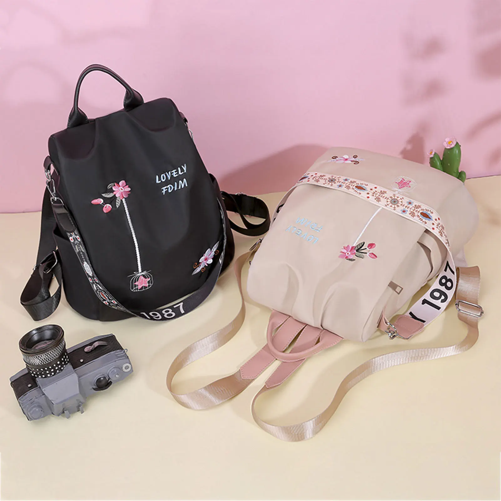 Casual Oxford Cloth Backpack Flower Embroidered Shoulder School Book Bags Women Daily Travel Anti-theft Bagpack Vintage Rucksack