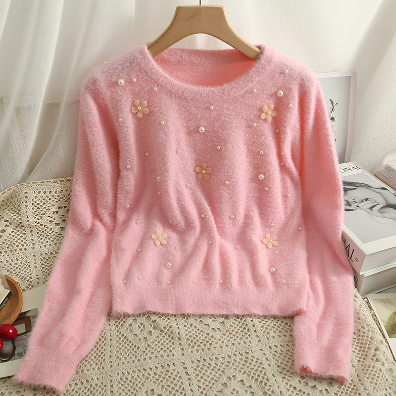 Women's Short Sweater Autumn Winter Fashion Beaded Slim Long Sleeve Pullover Korean Versatile O-neck Loose Knitted Tops