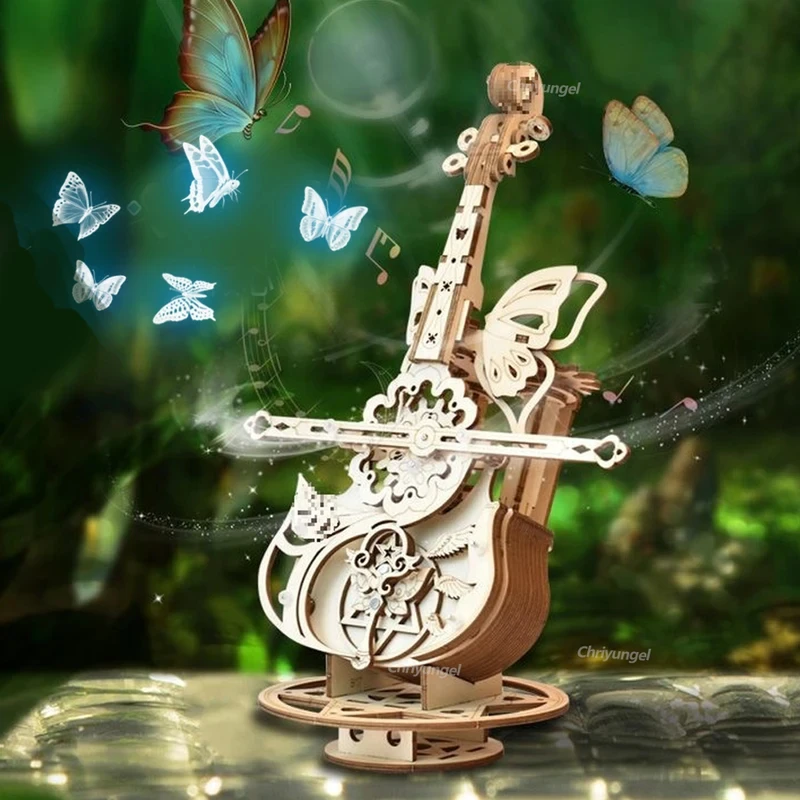 3D Puzzle Wooden Cello Model DIY Assembly Violin Music Box Building Kits Home Living Room Decor Crafts Gift for Adults Kids