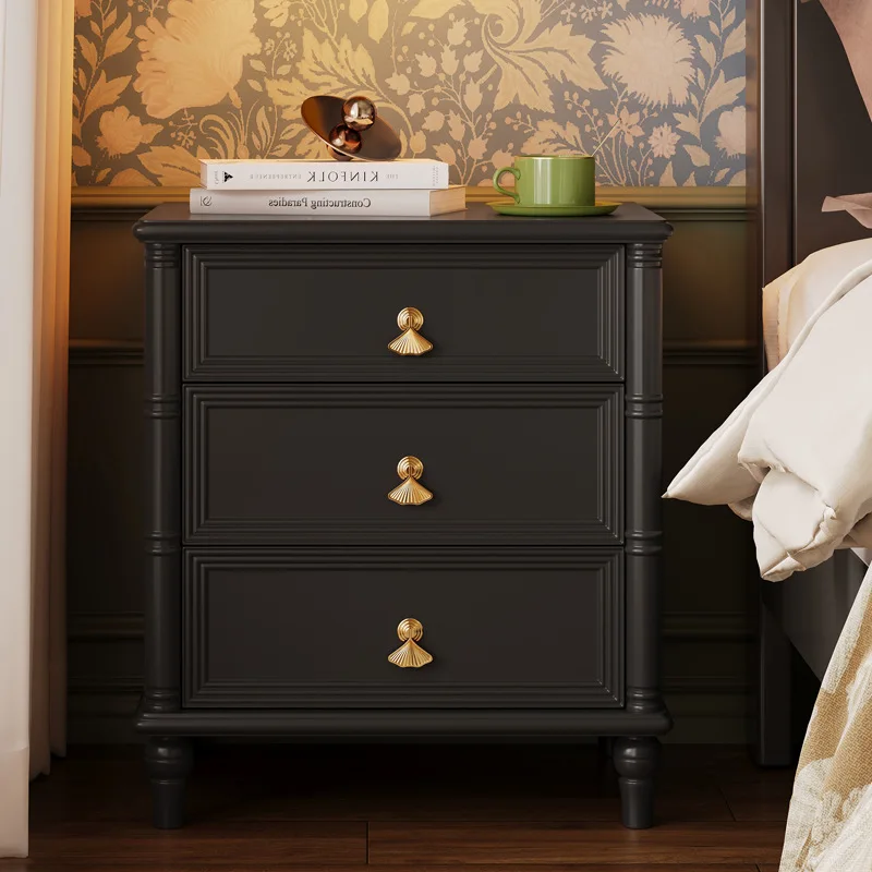 

French vintage bedside table, solid wood, small storage cabinet, black American storage low cabinet, home bedroom,