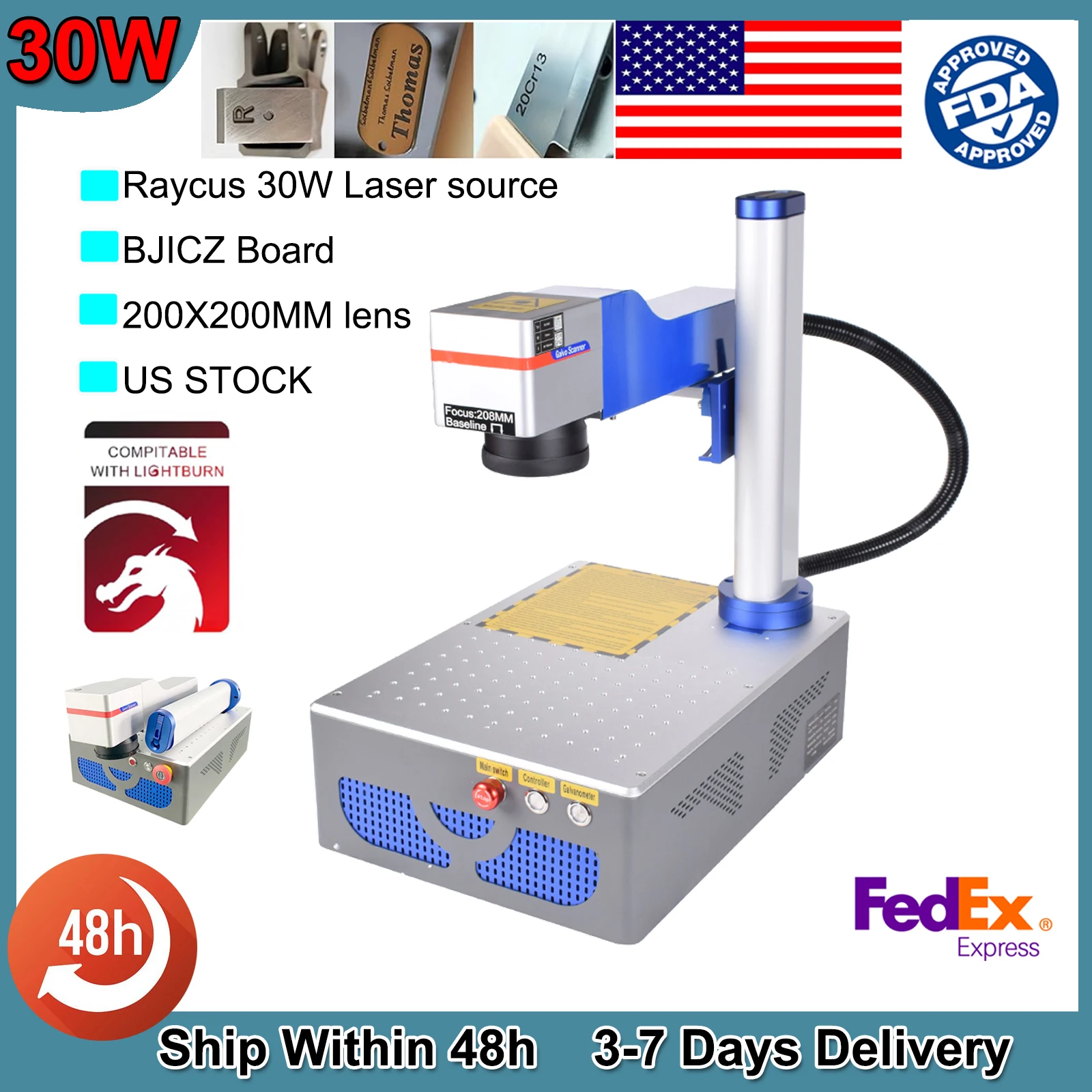 US STOCK Fiber Laser Marking Machine Raycus 30W BJJCZ board Ezcad Compatible Lightburn Jewelry Logo Engraving 200*200mm Lens