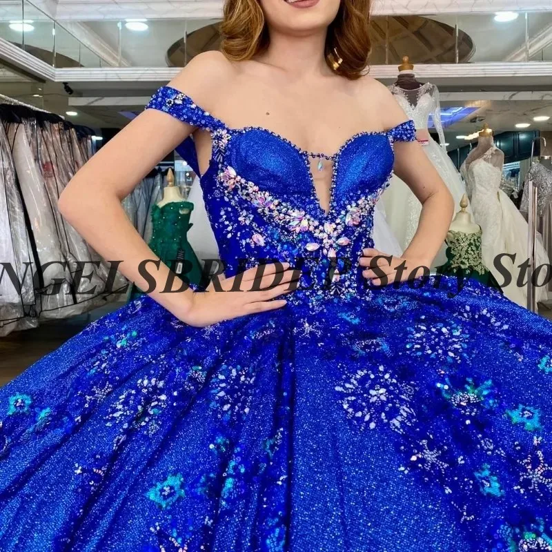 ANGELSBRIDEP gaun berkilau payet kristal gaun dansa Quinceanera elegan Royal Blue Applique manik-manik renda Vestidos De 15 Anos