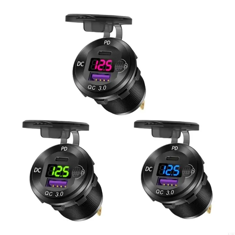 Vehicle USB Charging Module with C and A Outputs, Digital Power Readout, 12V-24V Recessed Outlet for Car Truck Use K1KF