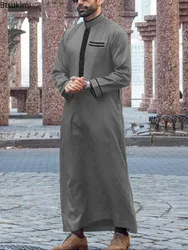 2026 Ethnic Style Men's Muslim Jubba Thobe Fashion Patchwork Embroidery Abaya Men Stand Collar Saudi Arab Kaftan Islam Long Robe