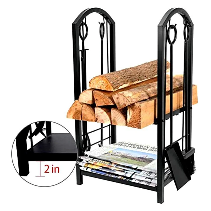 

Modern Black Wrought Iron Fireplace Tools Rack Indoor Outdoor Wood Holders Firewood Rack Made of Steel