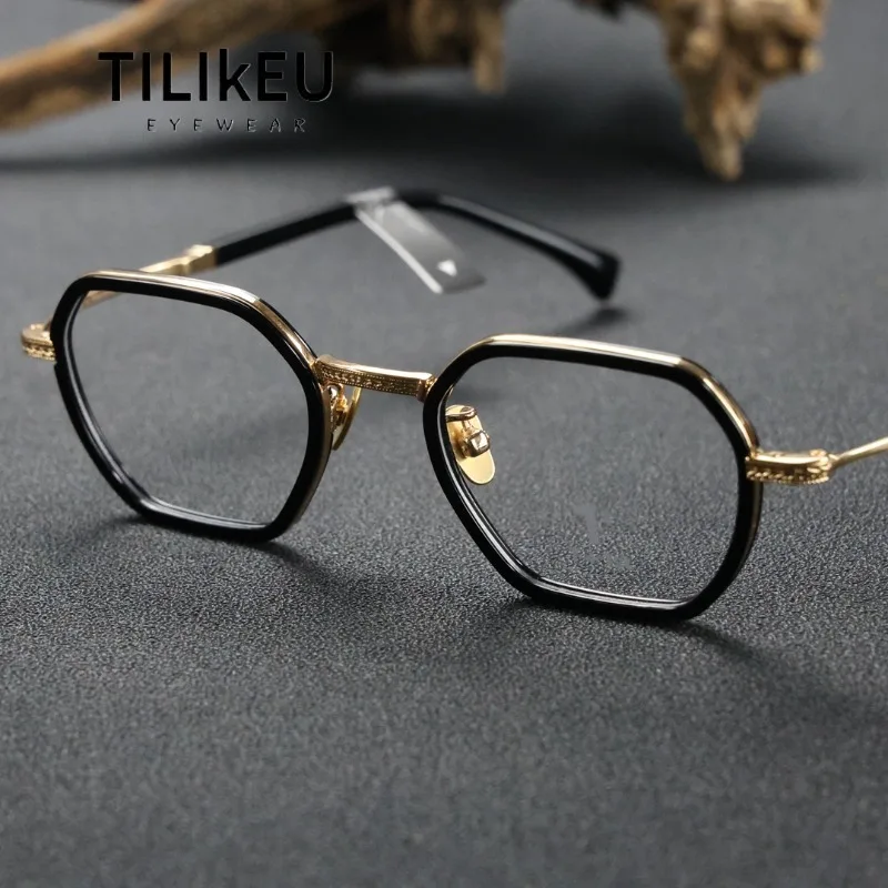 Top Quality Vintage Titanium Eyeglass Frames Luxury Texture Polygonal Men and Women Glasses Frame Designer Fashion Eyewear 12g