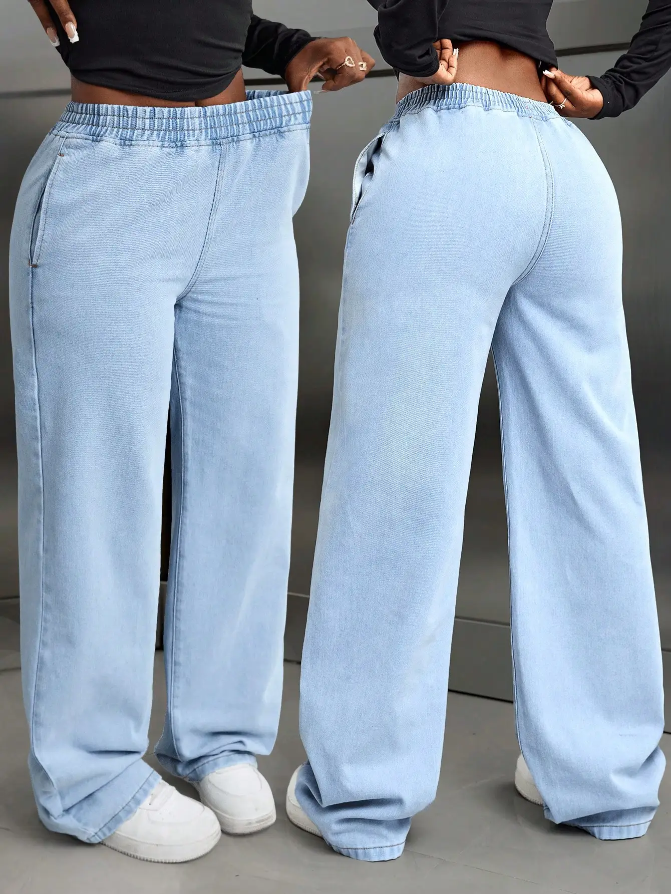 

Женские джинсы с широкими штанинами светлого цвета с эластичной резинкой на талии, повседневный уличный стиль