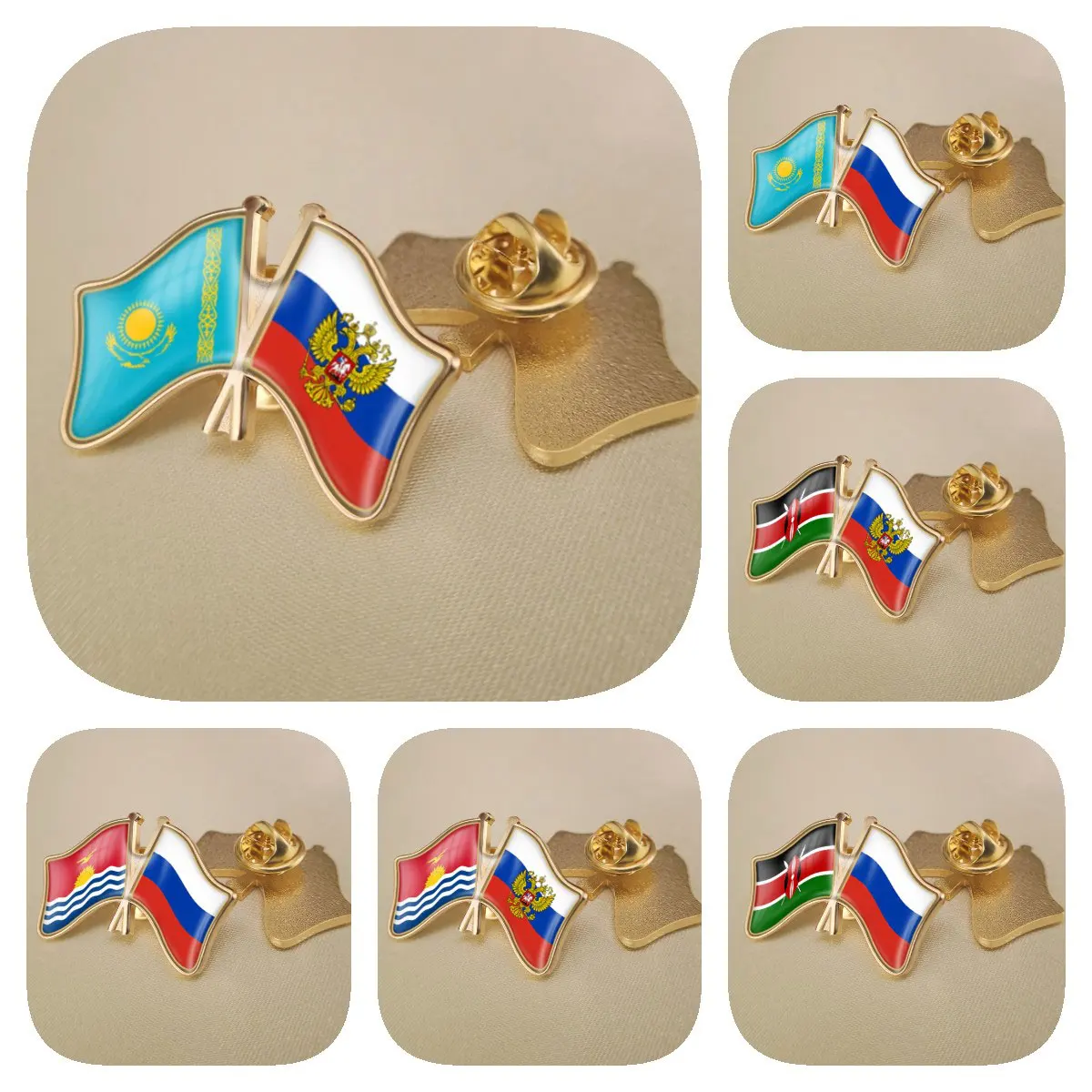 Russian Federation and Kazakhstan Kenya Kiribati Double Crossed Friendship Flags Brooches Lapel Pins Badges