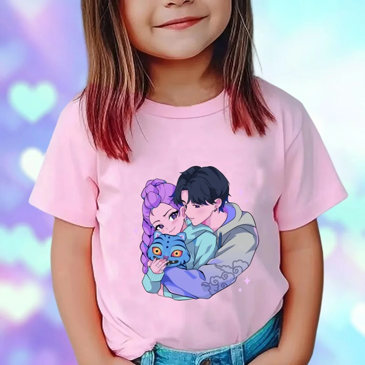 Kpop شيطان الصيادين ملابس الأطفال قصيرة الأكمام الوردي تي شيرت Kpop شيطان الصيادين النمر Harajuku التي شيرت للبنين بنات هدية #5