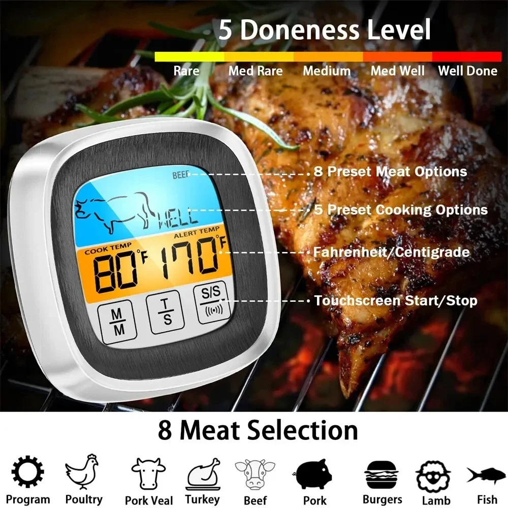 Digital Kitchen Thermometer Probe Touch Screen Meat Barbecue Food Temperature Measure Tool Steak BBQ Timer Cooking Tools