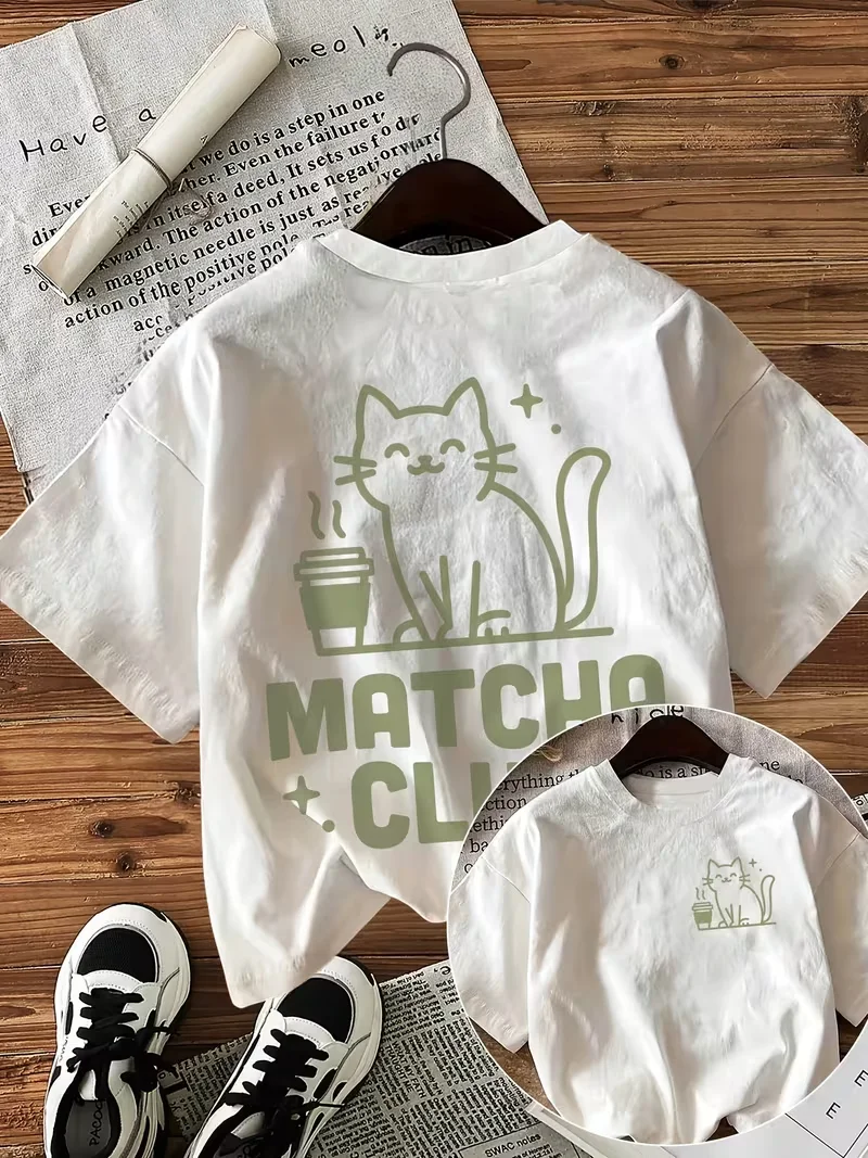 T-Shirt mit Matcha-Katzen-Kaffee-Print, Rundhalsausschnitt, kurze Ärmel, frischer Stil, Grafik-T-Shirt für lässigen Outdoor-Alltags- und Urlaubs-Street-Style