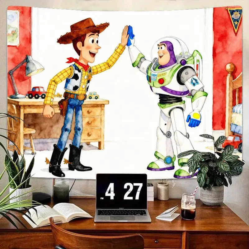 

1PC Disney Pixar Toy Story Woody Buzz Friendship High Five Tapestry Vibrant Watercolor Wall Art Kids Bedroom Living Room Decor G