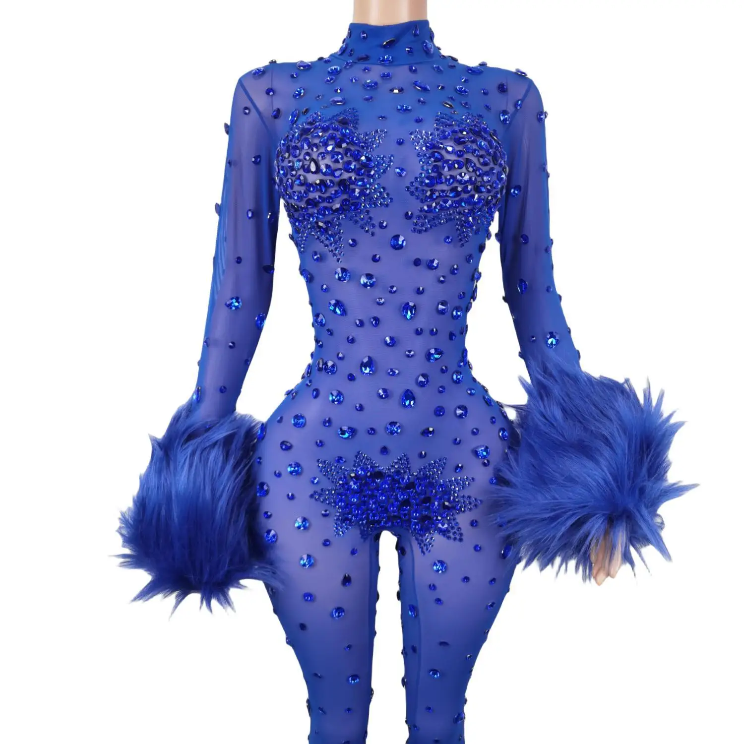 Tuta pelosa blu donna manica lunga Skinny Fringe body Sexy Mesh Stage Wear DJ Singer Dancer Party Show Costume Guibin