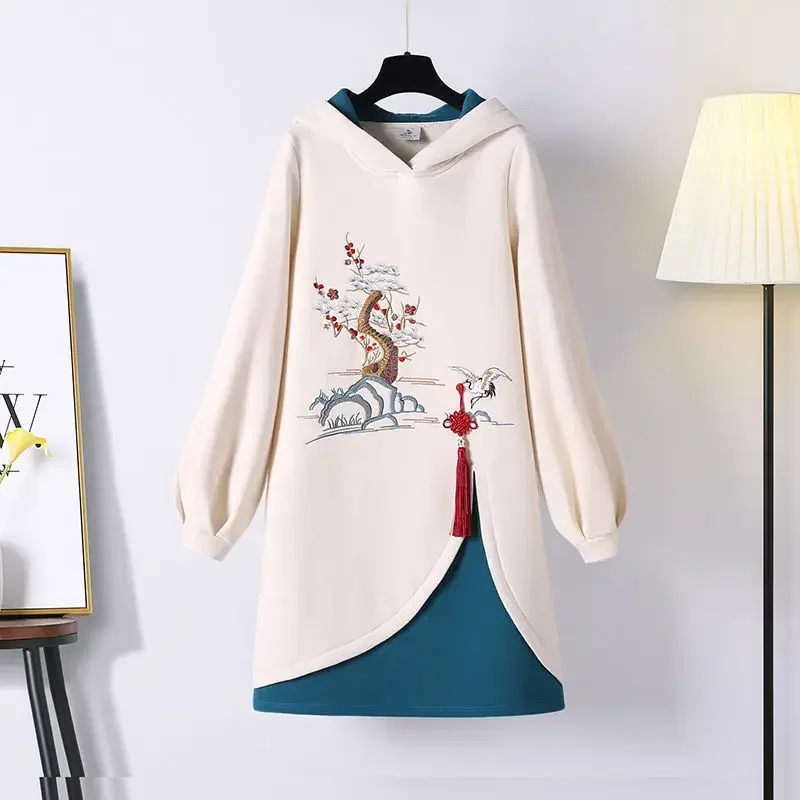 Plus Size Women's Thick Sweatshirt Embroidery Dress Women Autumn Mid-length Traditional Chinese Style Hoodies Hanfu Cheongsam