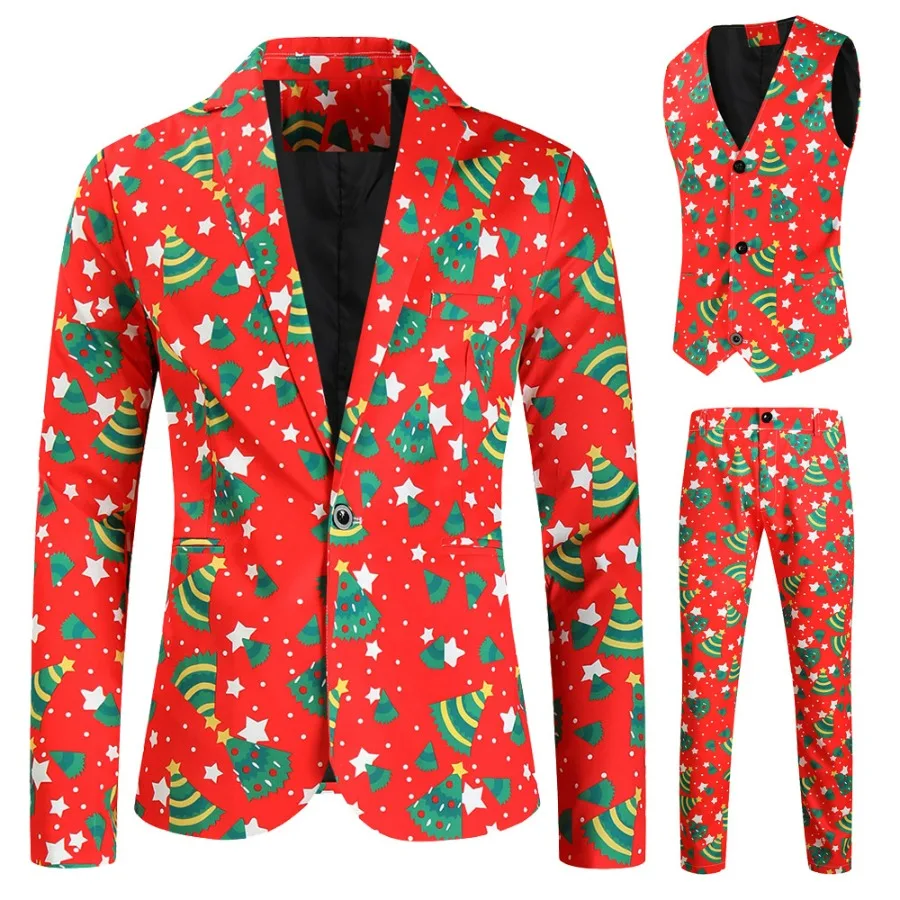 2026 Printed Three-piece Men's Christmas Suit (Jacket+Vest+Pants) Stylish Men Blazers Set Party Stage Costume New Men's Clothing