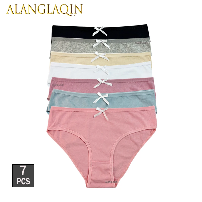 

7 шт./лот, разноцветные хлопковые трусики для женщин, дышащее женское нижнее белье, сексуальное нижнее белье со средней талией и бантом, трусы для девочек