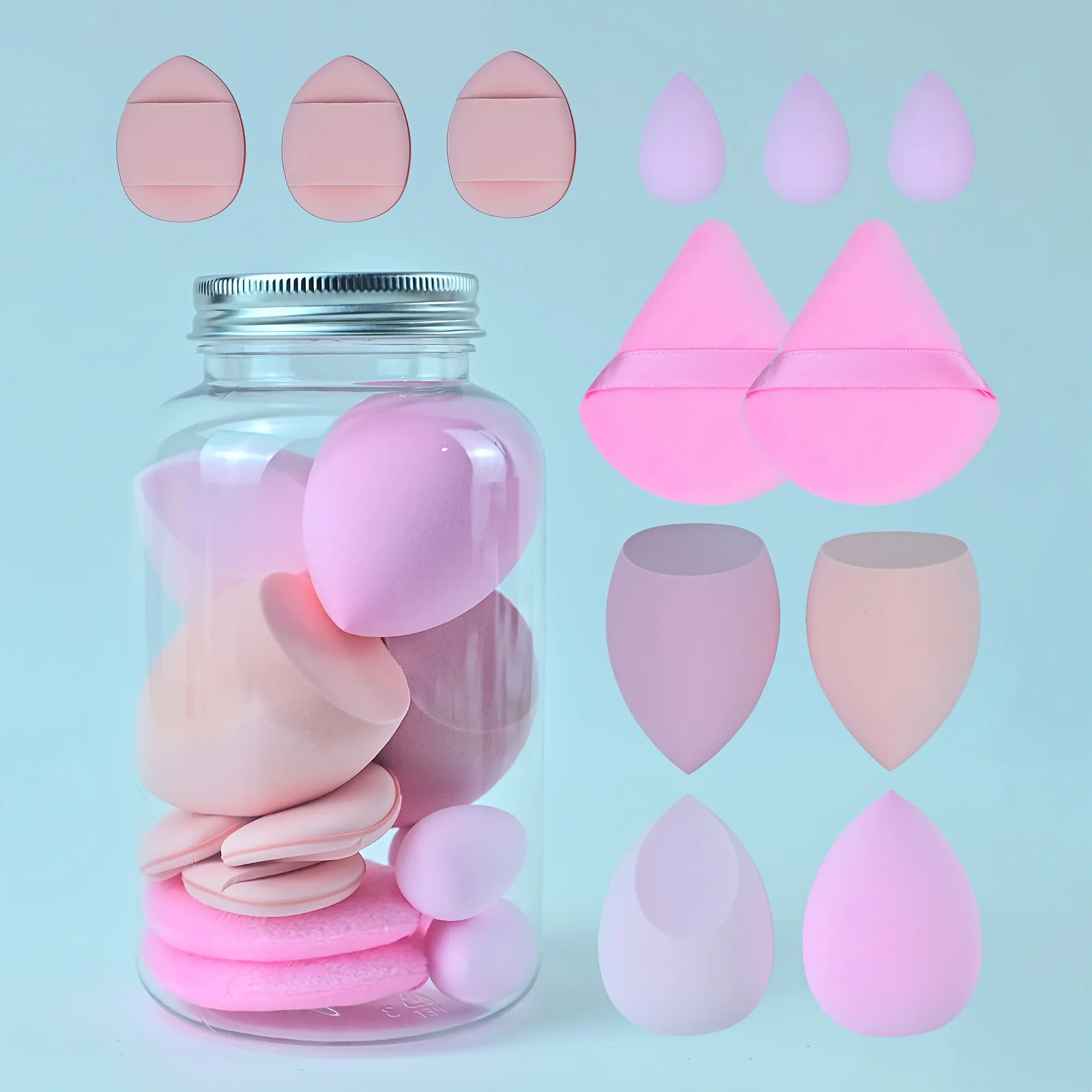 طقم إسفنجة مكياج احترافية مكون من 12 قطعة - 2 مروحة و4 بيض و3 أصابع + 3 خلاطات صغيرة |   كريم أساس ناعم خالٍ من اللاتكس لجميع أنواع البشرة