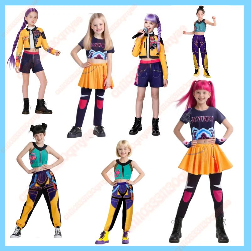 

new Anime Kpop Demon Hunter Cosplay Rumi Zoey Mira Cosplay Full Suit Kids Halloween 3D Printed Pattern Stage Performance Clothes