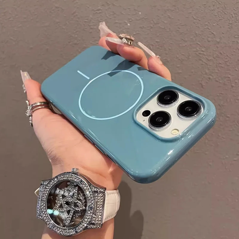 Originality Glossy Solid Color Magsafe Magnetic Case for iPhone 16 15 14 13 12 11 Pro Max Plus Fall Prevention Shockproof Cover