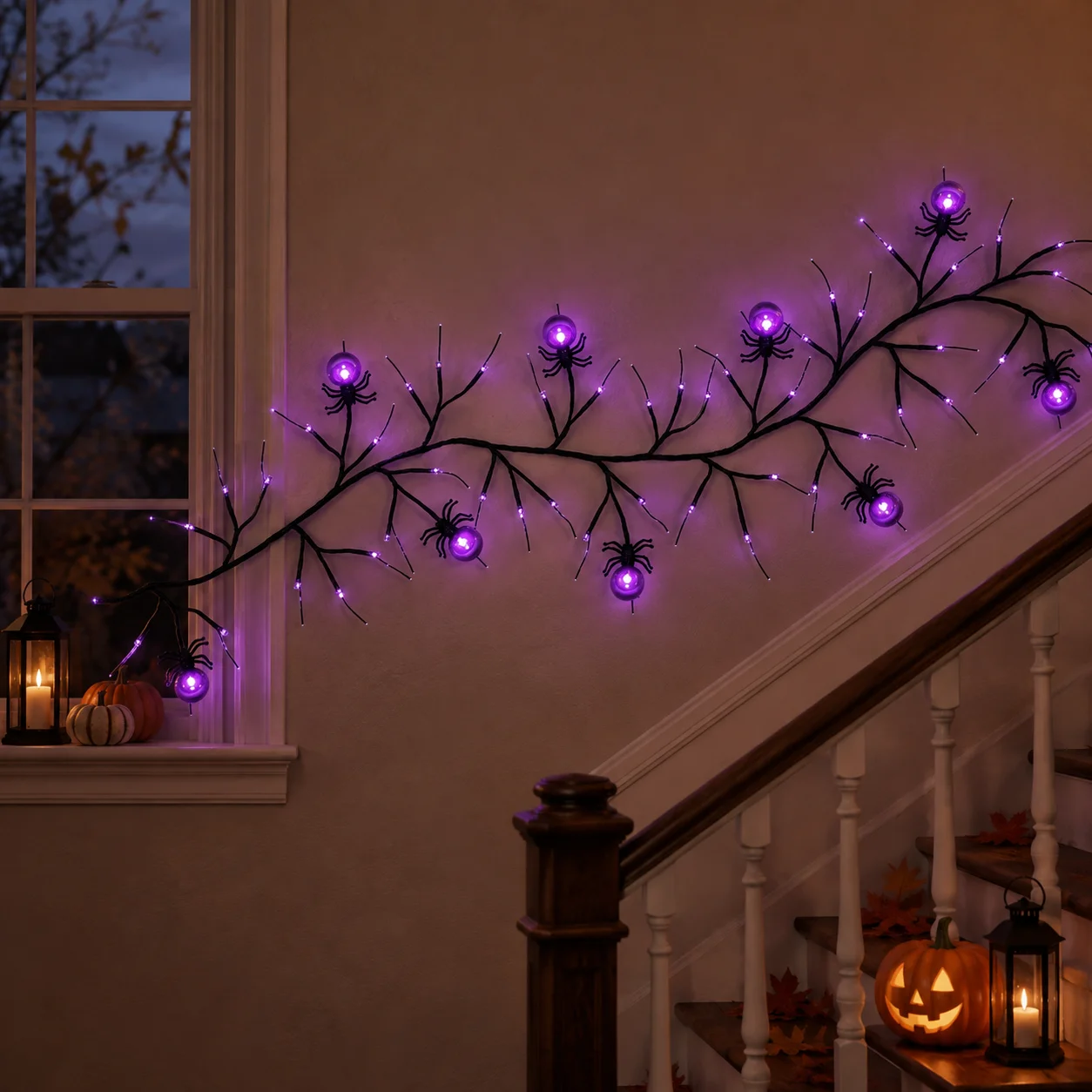 1pc 54LED Black Artificial Plants Tree Branches Purple Light With DIY Spider Bubble Ball And Lily Flower For Home Festival Decor