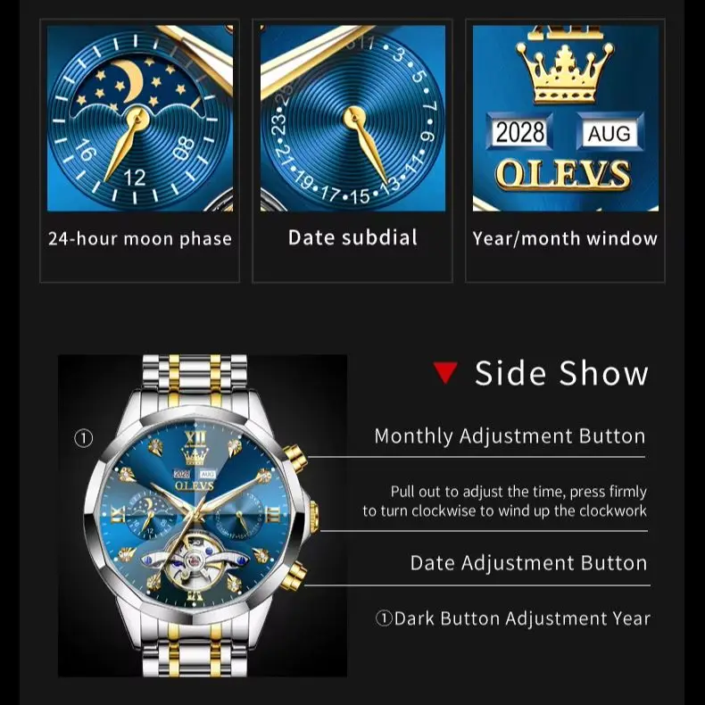 OLEVS Automatic Mechanical Mens Watch Business Wristwatch Waterproof Date Watches Moon Phase Watch for Men Luxury Brand Watch 66