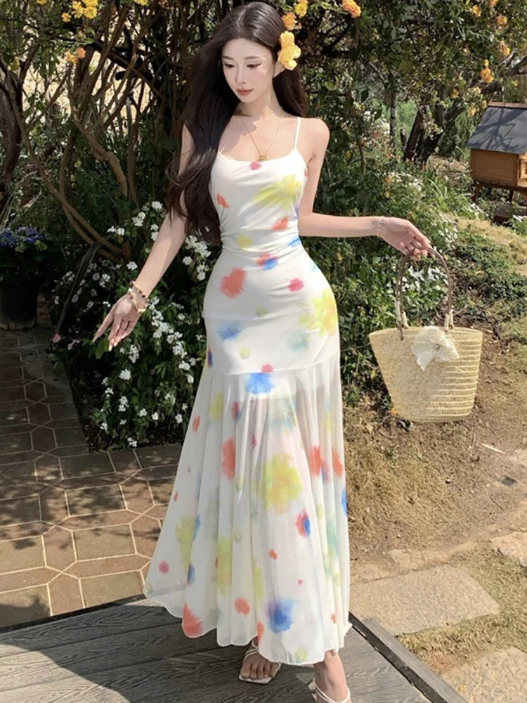 

2025 Boho Print Mesh Sling Sexy Long Dress Women Elegant Bodycon Casual Holiday Dress Summer Korean Fashion International Dress