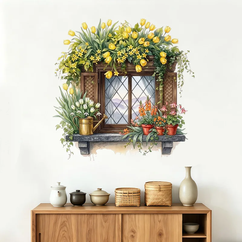 Peony plant flower wall decoration sticker false window self-paste painting landscape living room layout