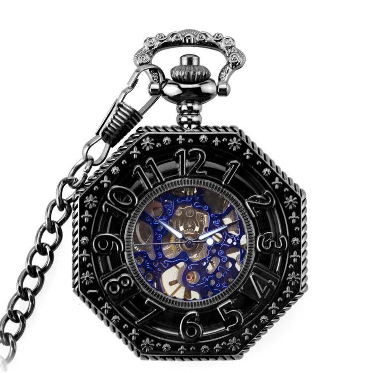 Luxury Golden Mechanical Pocket Watch for Men Women hollow Dial Roman Hexagon Case Fob Chain Pendant Clock for Collection Gift