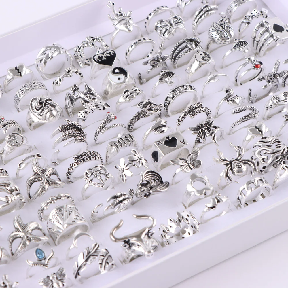 50Pcs/Lot Retro Silver Plated Punk Snake Flower Amimal Mix Rings for Women Punk Kuncle Finger Jewelry Accessories Party Gifts