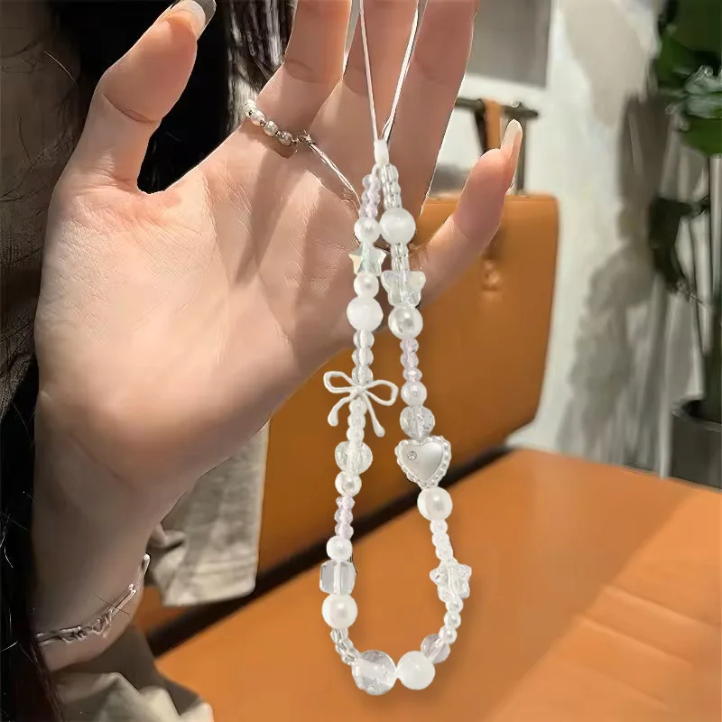 Koreański Uroczy Biały Łańcuszek do Telefonu z Kokardką, Gwiazdką i Perłami, Nowy Wisiorek do iPhone'a, do Polaroida, Uniwersalne Akcesoria, Smycz, Sznurek na Nadgarstek