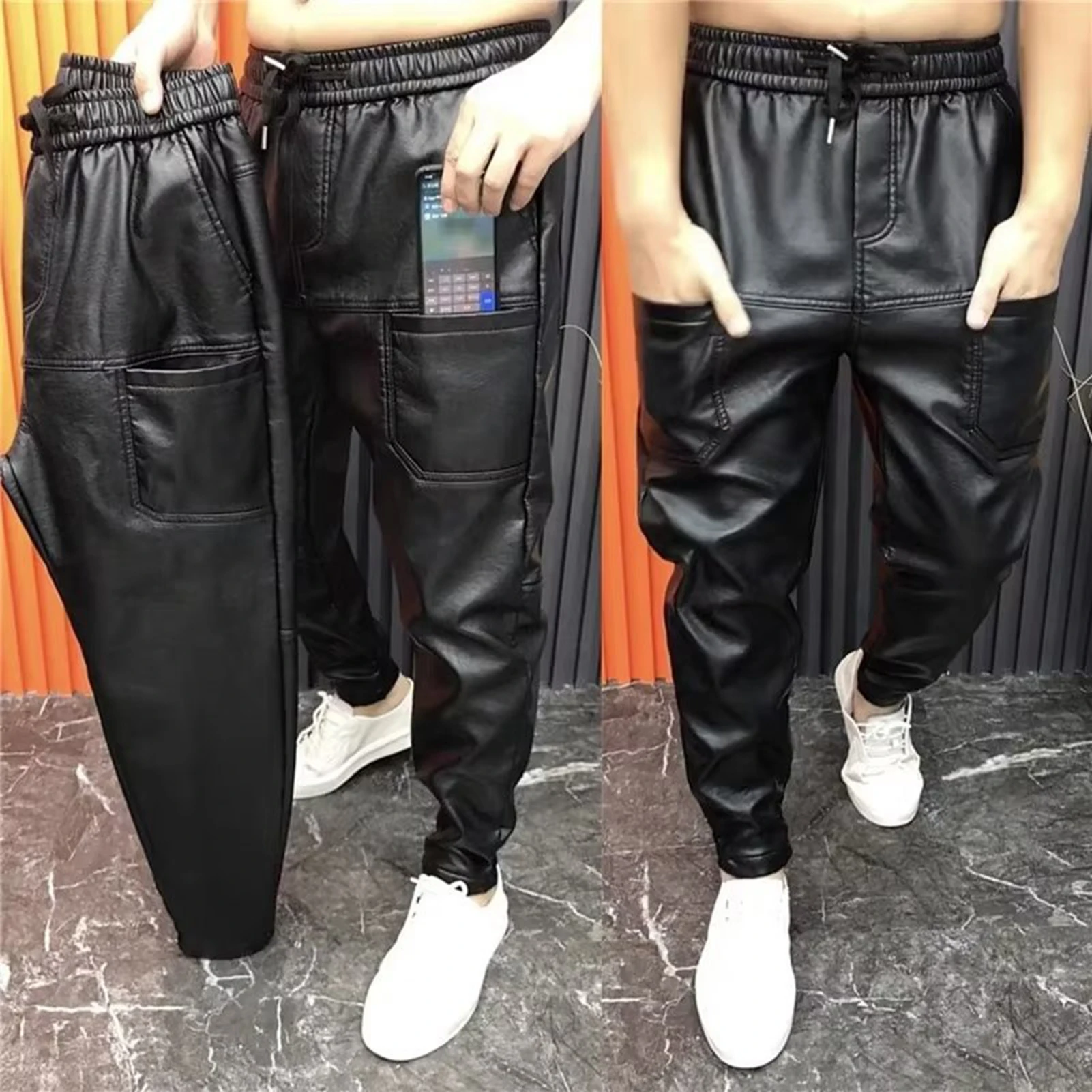 Autumn Winter Fleece-lined Thickened Warm Casual Pu Leather Trousers For Men Small Foot Thickened Long Pants