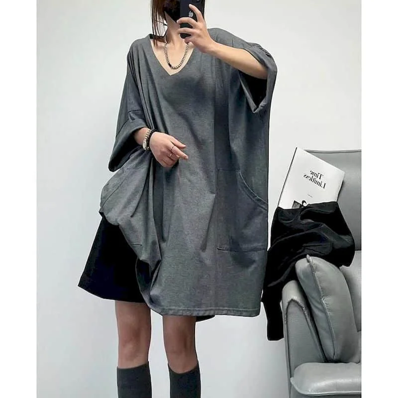 

V-neck T-shirts for Women 2026 Summer Aesthetic Vintage Oversized Tops Casual Short Sleeve Harajuku Extremely Long Women Clothes